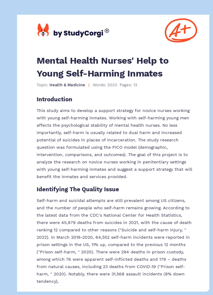 Mental Health Nurses' Help to Young Self-Harming Inmates. Page 1