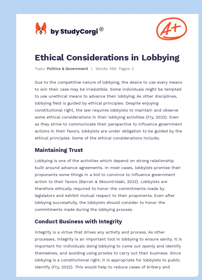 Ethical Considerations in Lobbying. Page 1