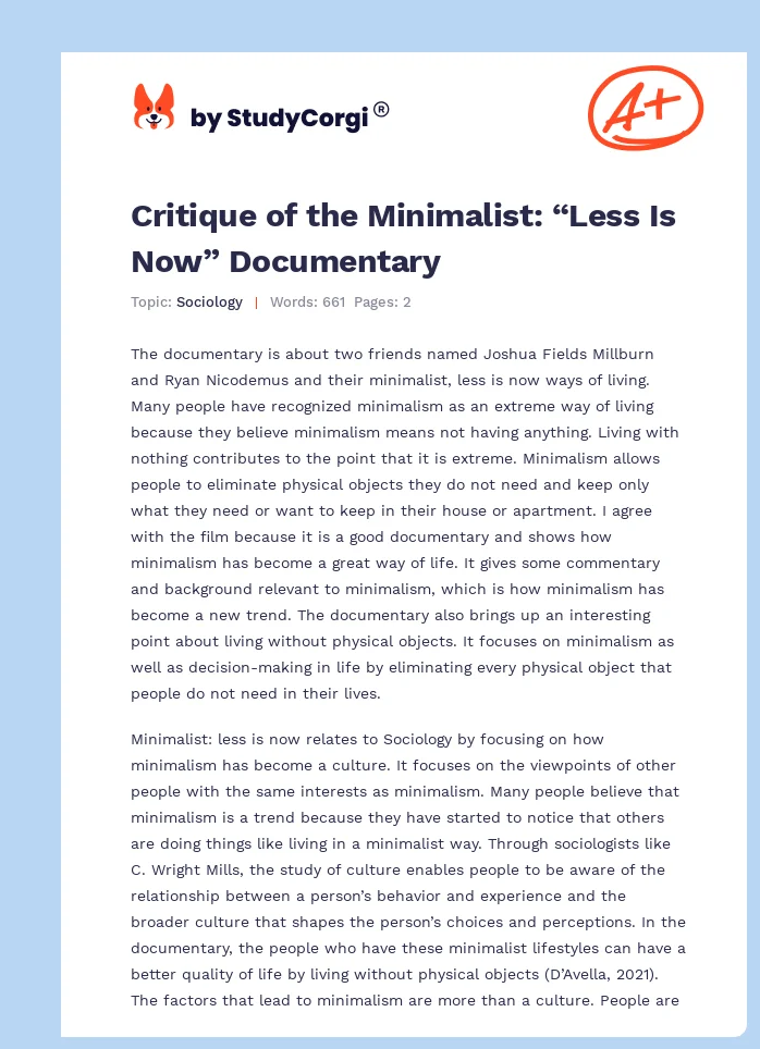 Critique of the Minimalist: “Less Is Now” Documentary. Page 1