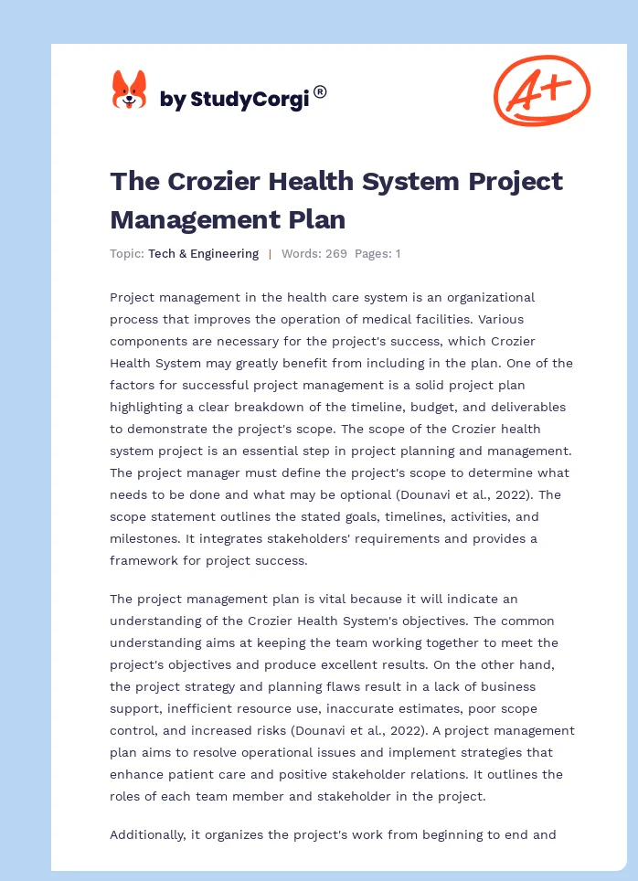 The Crozier Health System Project Management Plan. Page 1