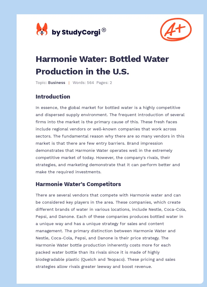 Harmonie Water: Bottled Water Production in the U.S.. Page 1