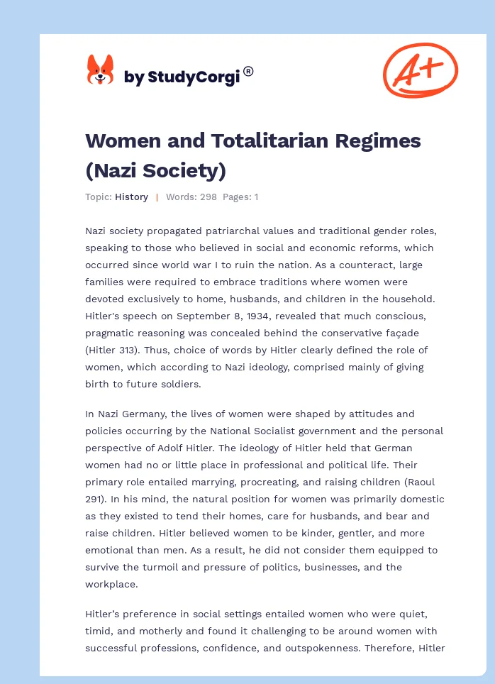 Women and Totalitarian Regimes (Nazi Society). Page 1