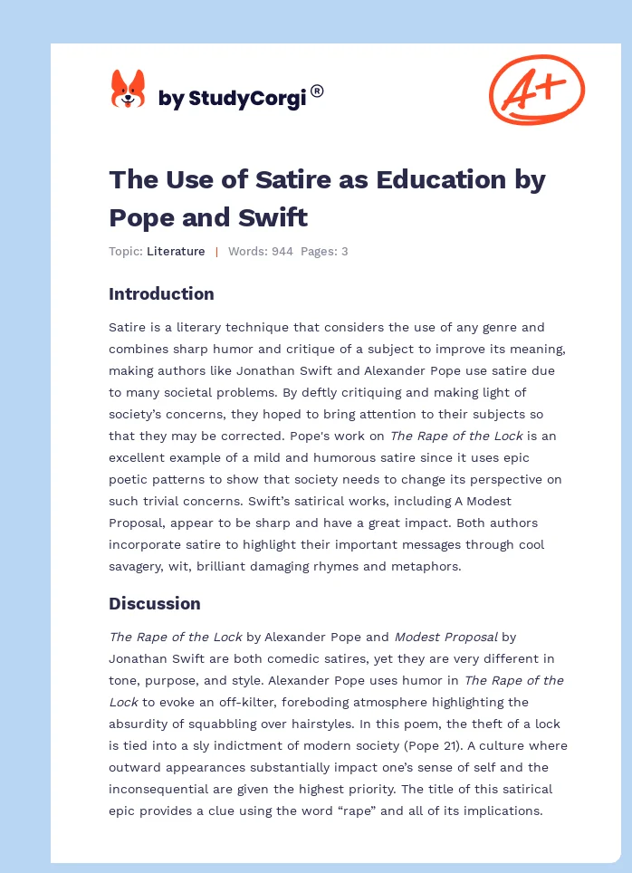 The Use of Satire as Education by Pope and Swift. Page 1