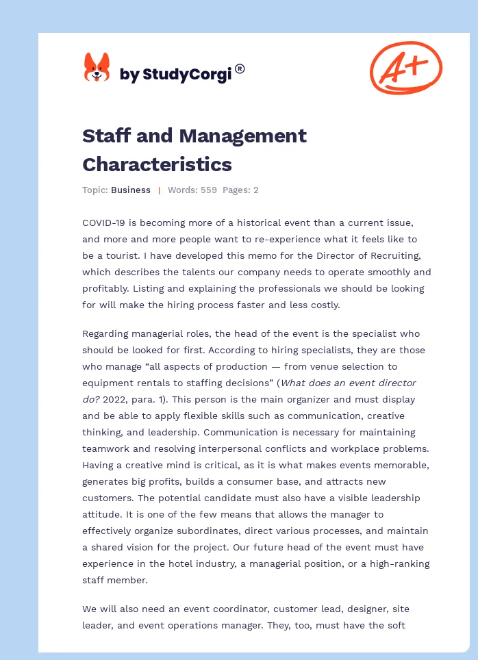 Staff and Management Characteristics. Page 1