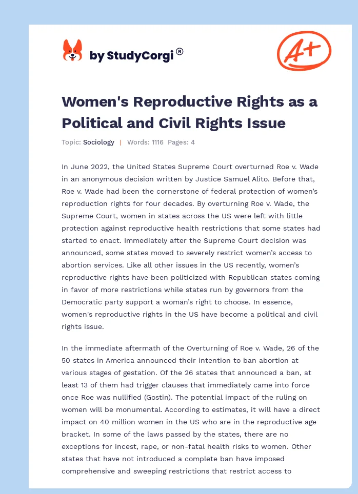 Women's Reproductive Rights as a Political and Civil Rights Issue. Page 1