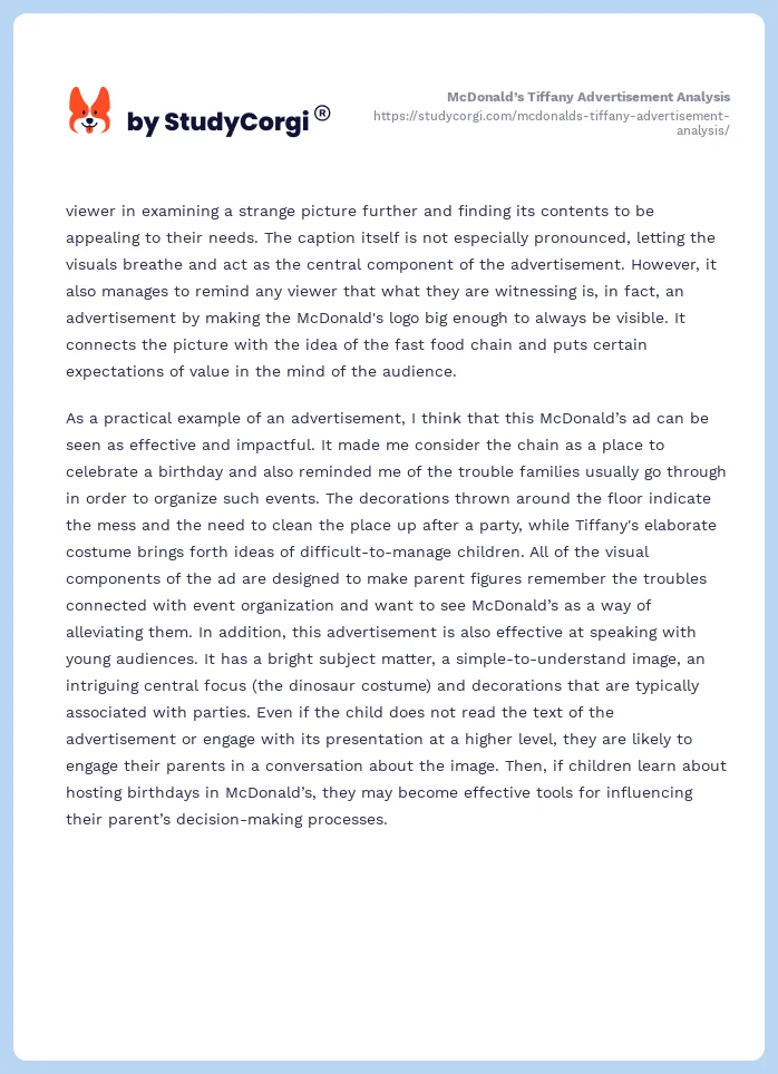 McDonald’s Tiffany Advertisement Analysis. Page 2