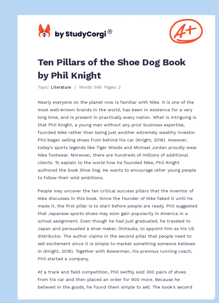 Ten Pillars of the Shoe Dog Book by Phil Knight. Page 1