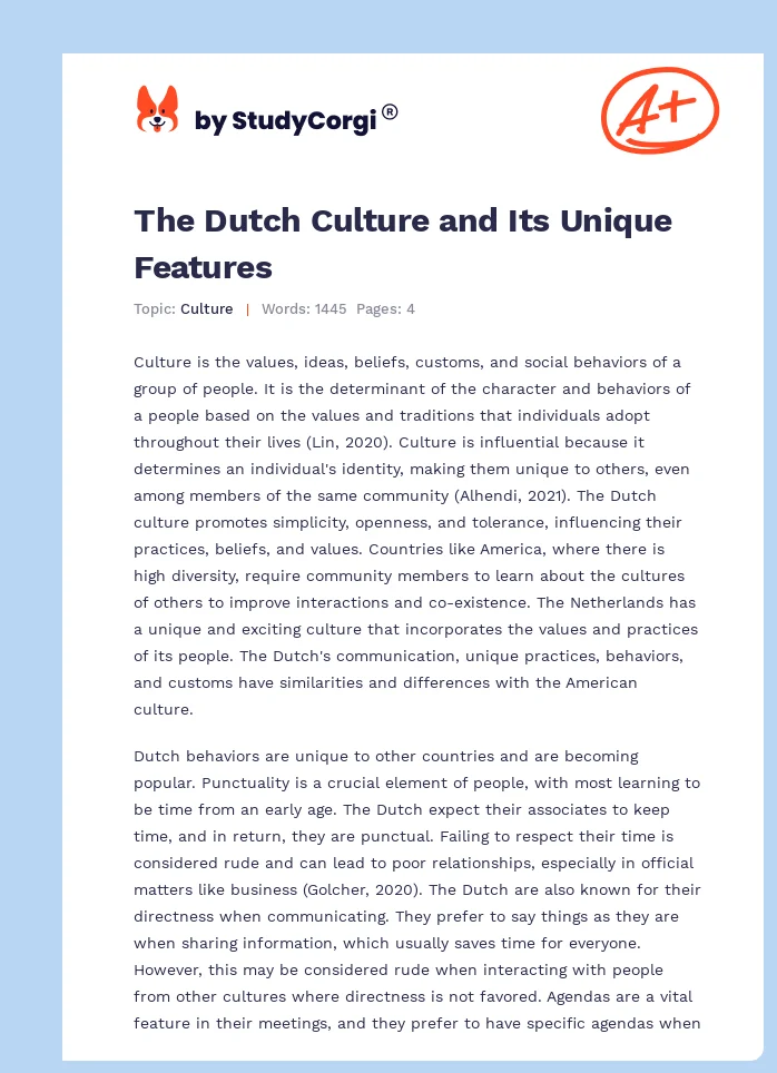 The Dutch Culture and Its Unique Features. Page 1