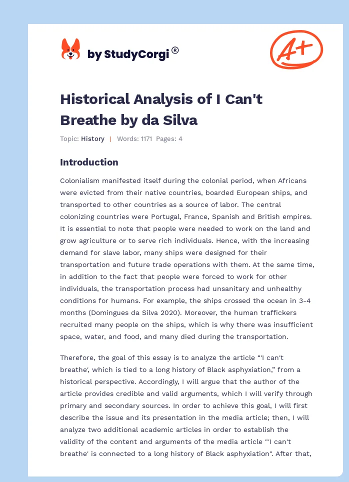 Historical Analysis of I Can't Breathe by da Silva. Page 1