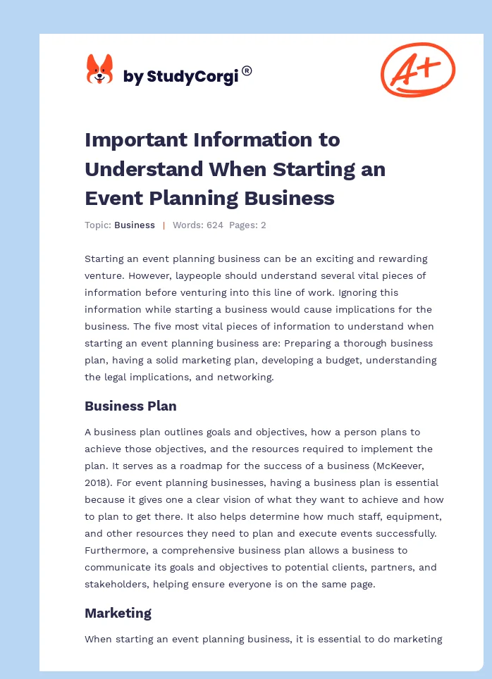 Important Information to Understand When Starting an Event Planning Business. Page 1