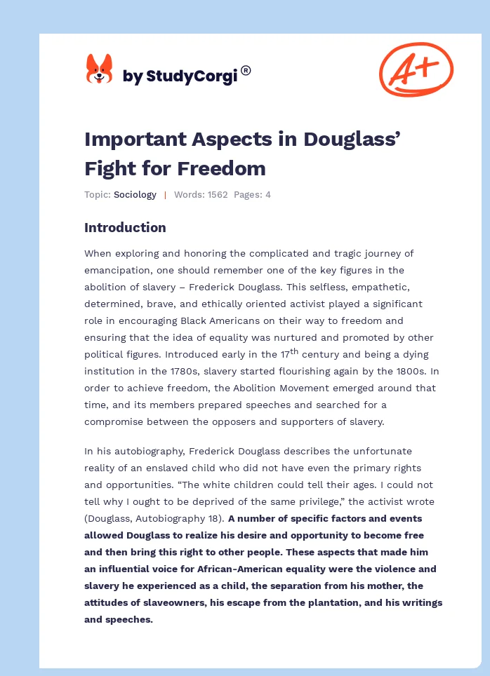Important Aspects in Douglass’ Fight for Freedom. Page 1
