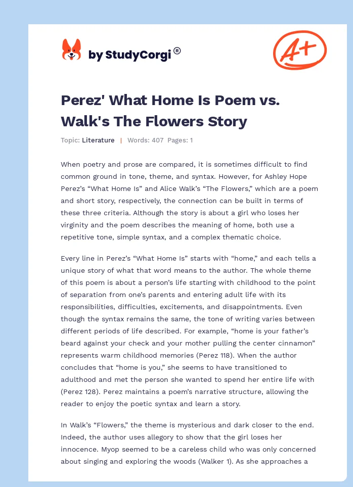 Perez' What Home Is Poem vs. Walk's The Flowers Story. Page 1