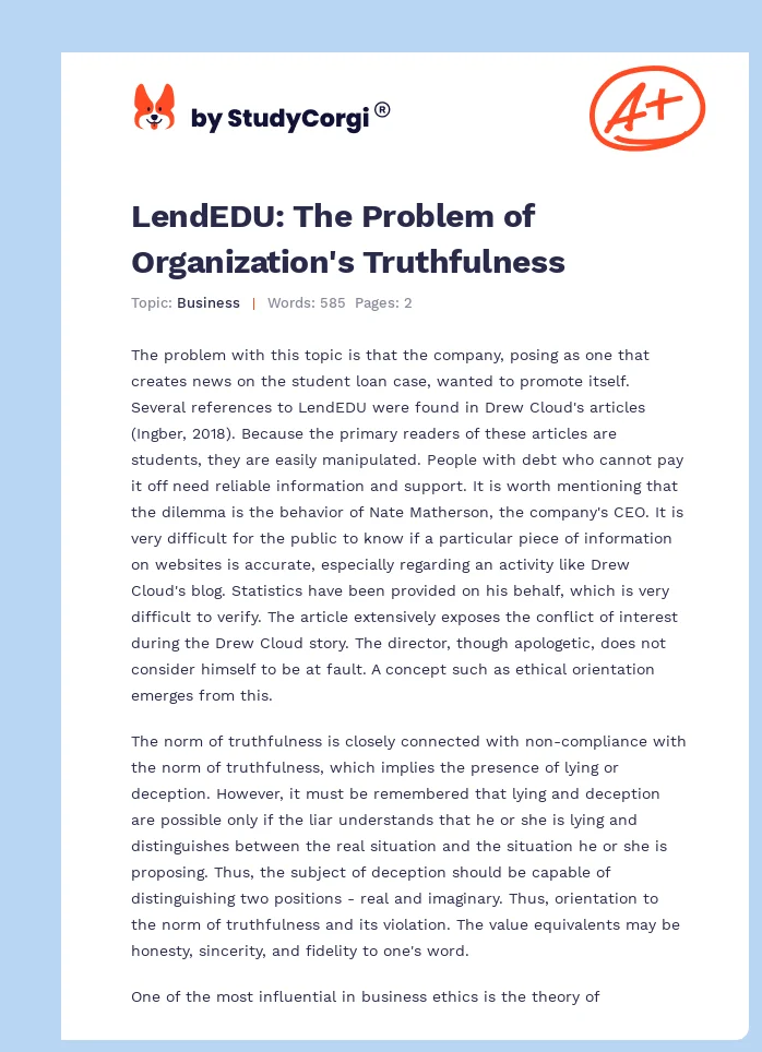 LendEDU: The Problem of Organization's Truthfulness. Page 1