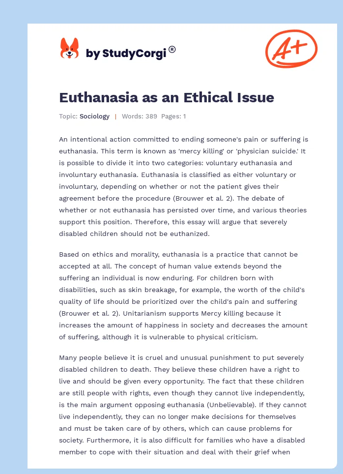 Euthanasia as an Ethical Issue. Page 1
