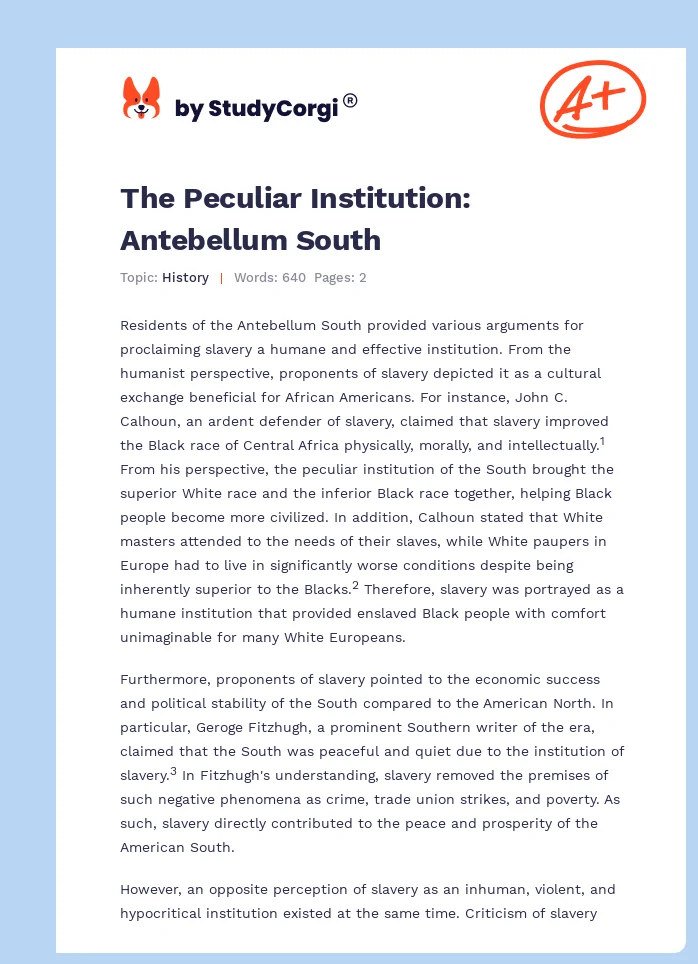 The Peculiar Institution: Antebellum South. Page 1