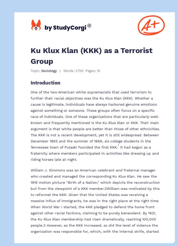 Ku Klux Klan (KKK) as a Terrorist Group. Page 1