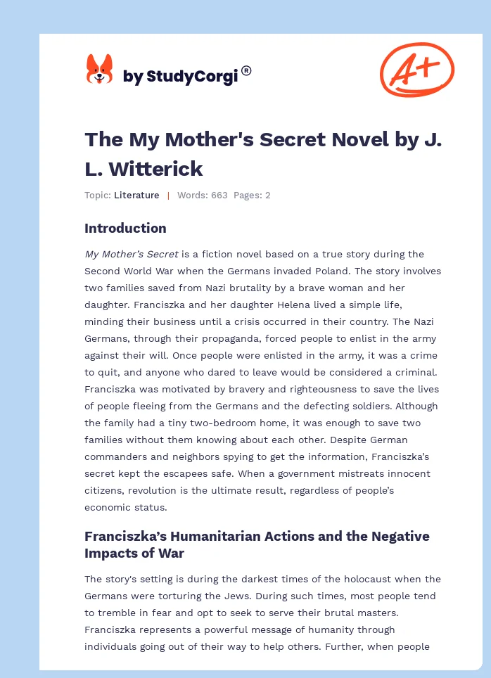 The My Mother's Secret Novel by J. L. Witterick. Page 1