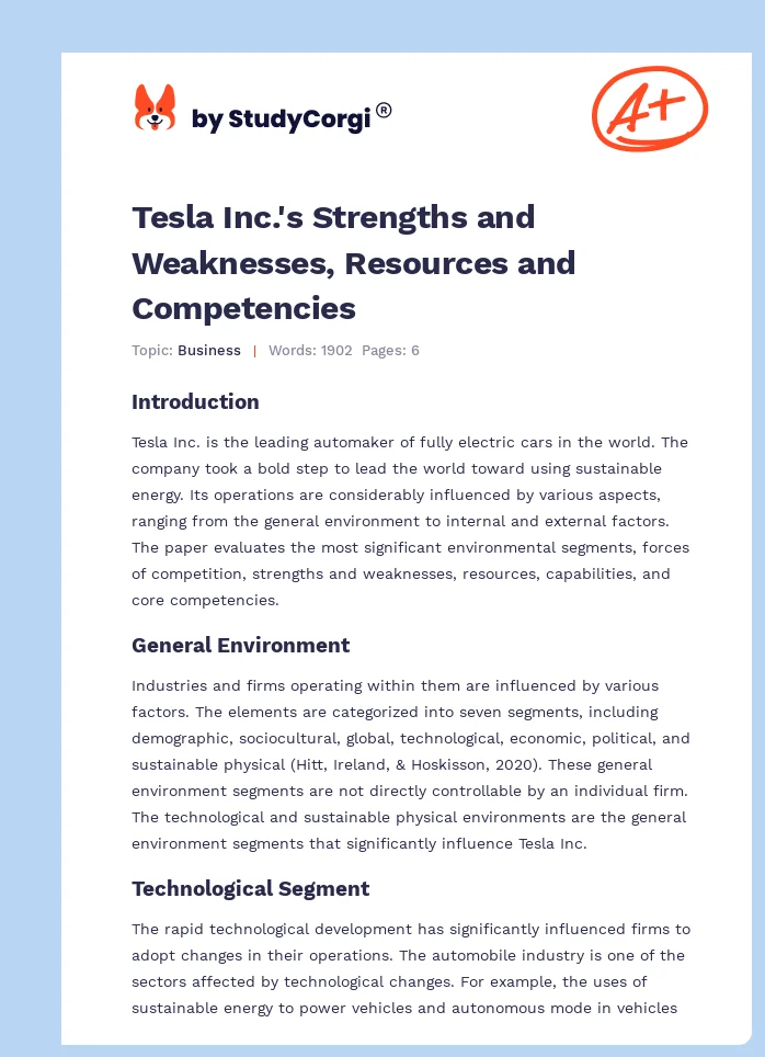 Tesla Inc.'s Strengths and Weaknesses, Resources and Competencies. Page 1
