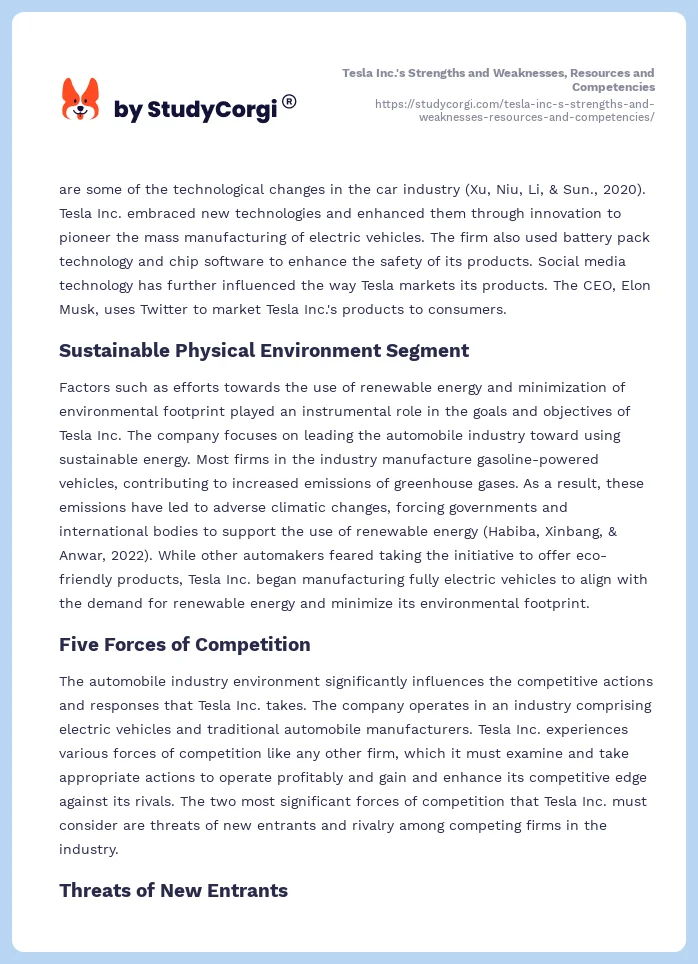 Tesla Inc.'s Strengths and Weaknesses, Resources and Competencies. Page 2