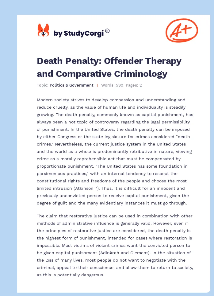 Death Penalty: Offender Therapy and Comparative Criminology. Page 1