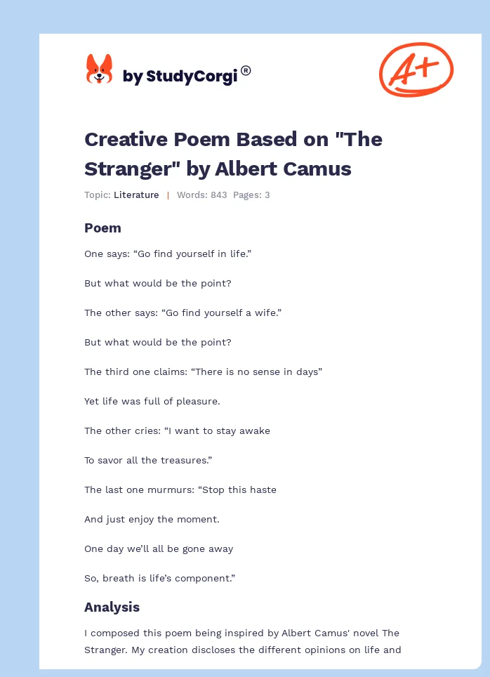 Creative Poem Based on "The Stranger" by Albert Camus. Page 1