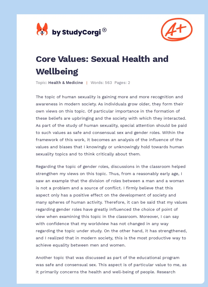 Core Values: Sexual Health and Wellbeing. Page 1