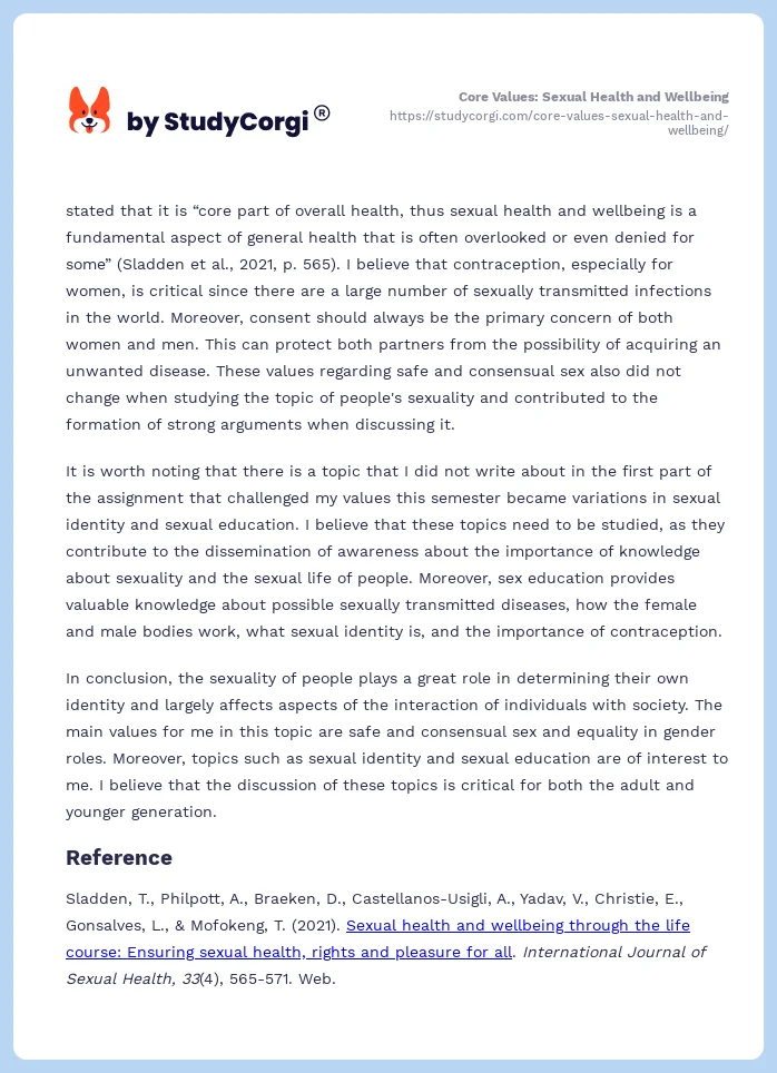 Core Values: Sexual Health and Wellbeing. Page 2