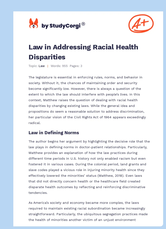 Law in Addressing Racial Health Disparities. Page 1