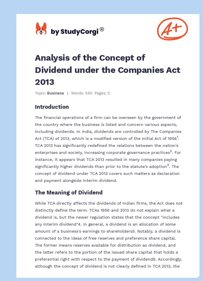 Analysis of the Concept of Dividend under the Companies Act 2013. Page 1