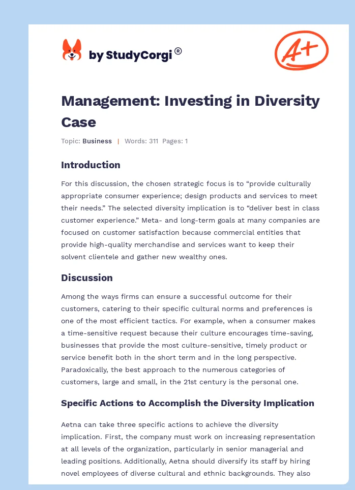 Management: Investing in Diversity Case. Page 1