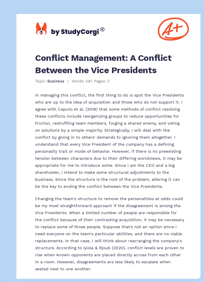 Conflict Management: A Conflict Between the Vice Presidents. Page 1