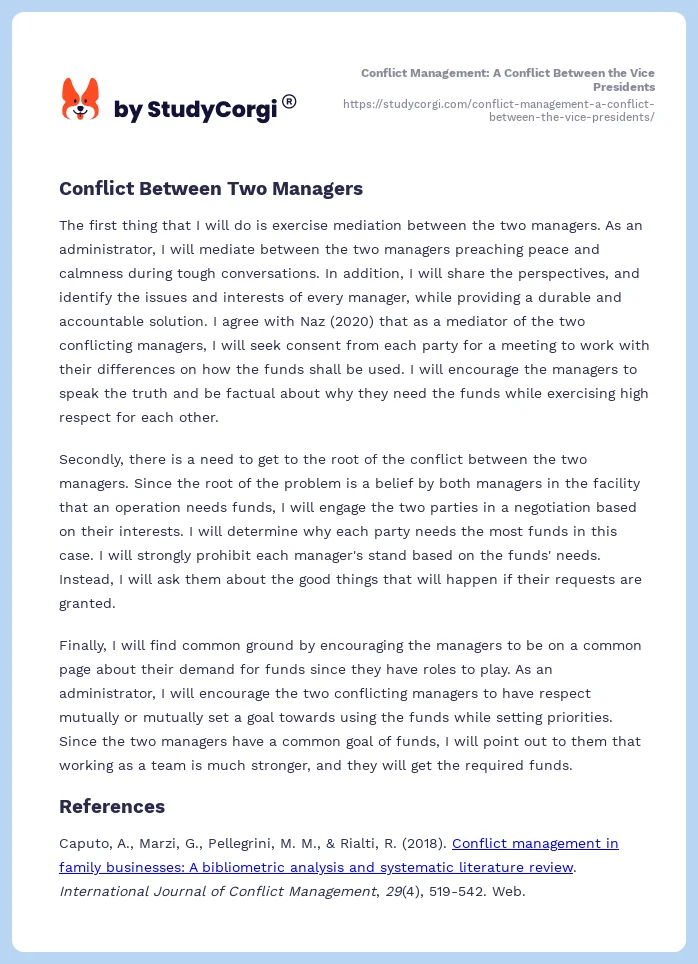 Conflict Management: A Conflict Between the Vice Presidents. Page 2