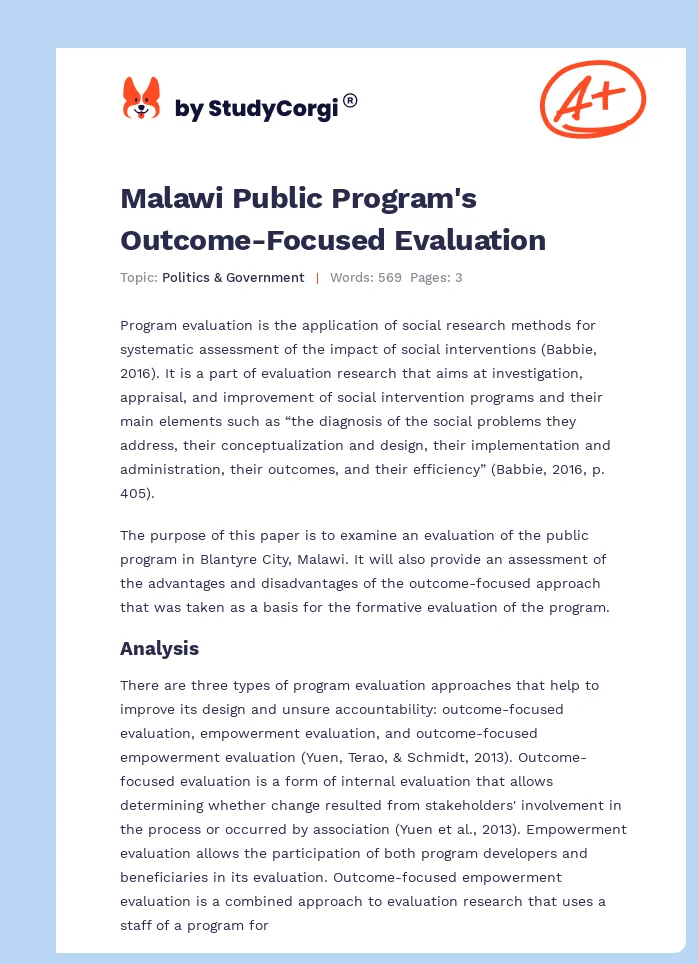 Malawi Public Program's Outcome-Focused Evaluation. Page 1