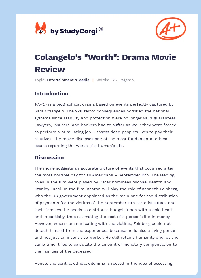 Colangelo's "Worth": Drama Movie Review. Page 1