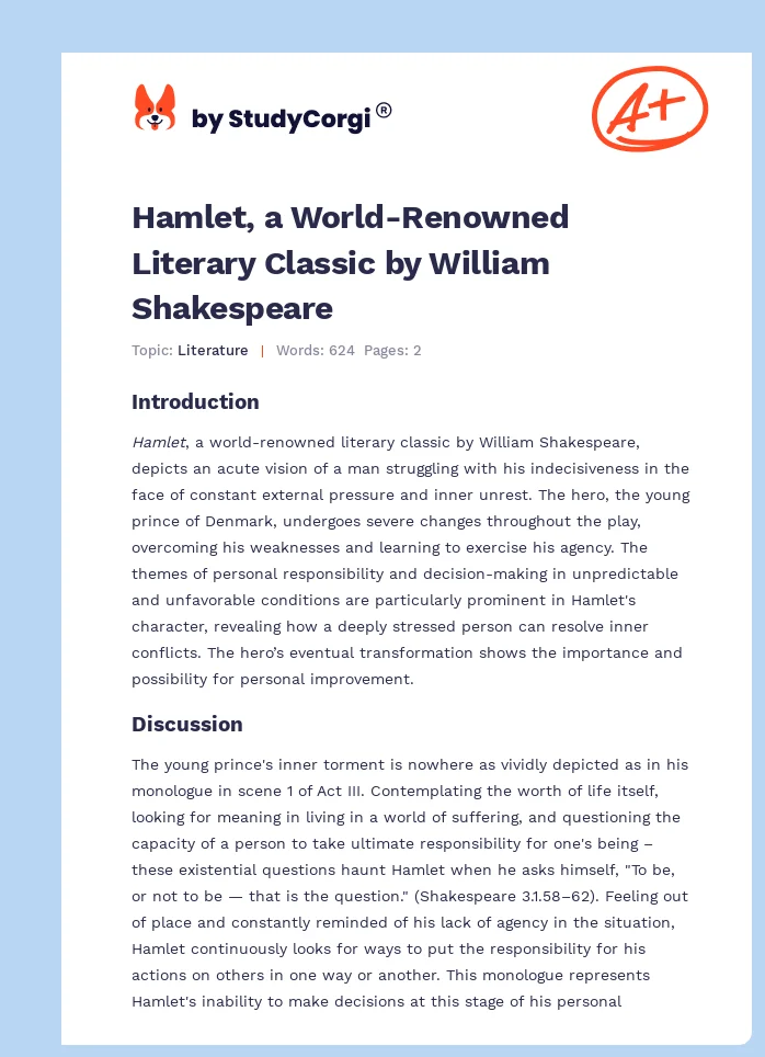 Hamlet, a World-Renowned Literary Classic by William Shakespeare. Page 1