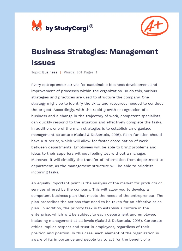 Business Strategies: Management Issues. Page 1