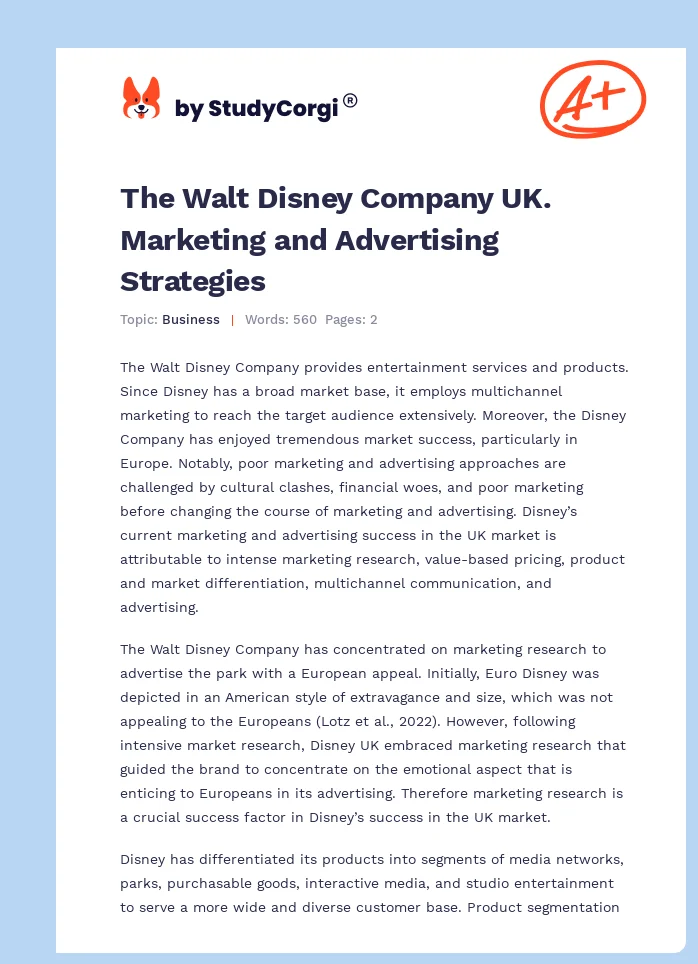 The Walt Disney Company UK. Marketing and Advertising Strategies. Page 1