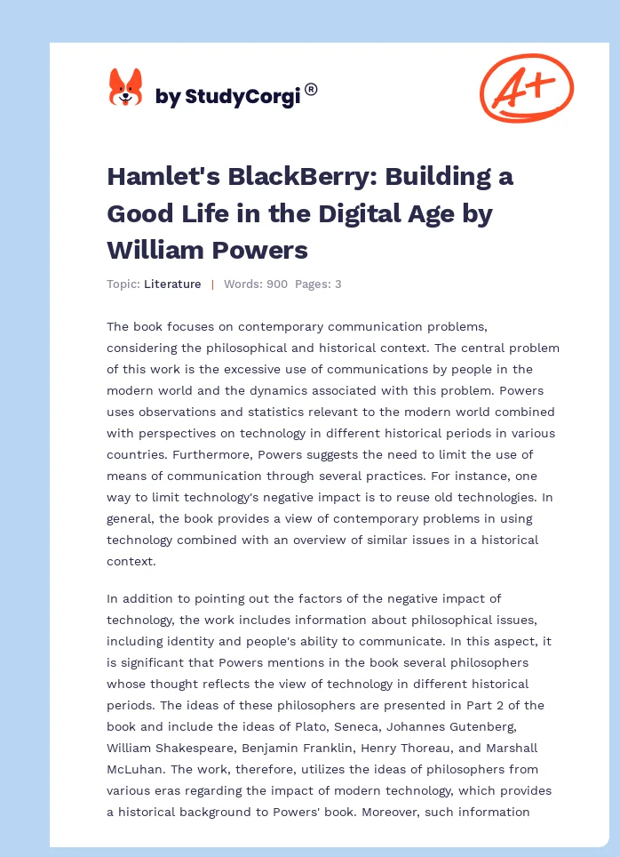 Hamlet's BlackBerry: Building a Good Life in the Digital Age by William Powers. Page 1