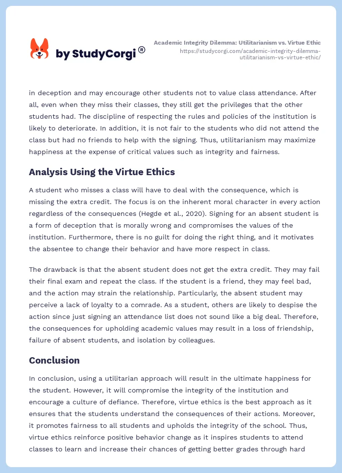 Academic Integrity Dilemma: Utilitarianism vs. Virtue Ethic. Page 2