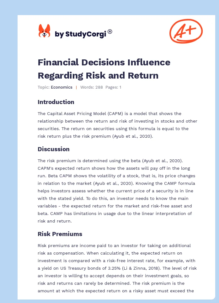 Financial Decisions Influence Regarding Risk and Return. Page 1
