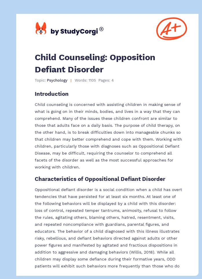 Child Counseling: Opposition Defiant Disorder. Page 1