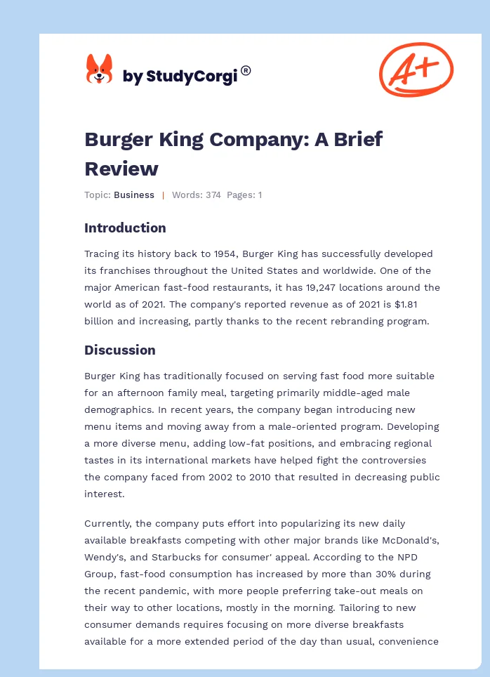 Burger King Company: A Brief Review. Page 1