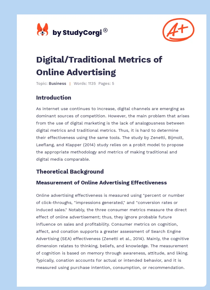 Digital/Traditional Metrics of Online Advertising. Page 1