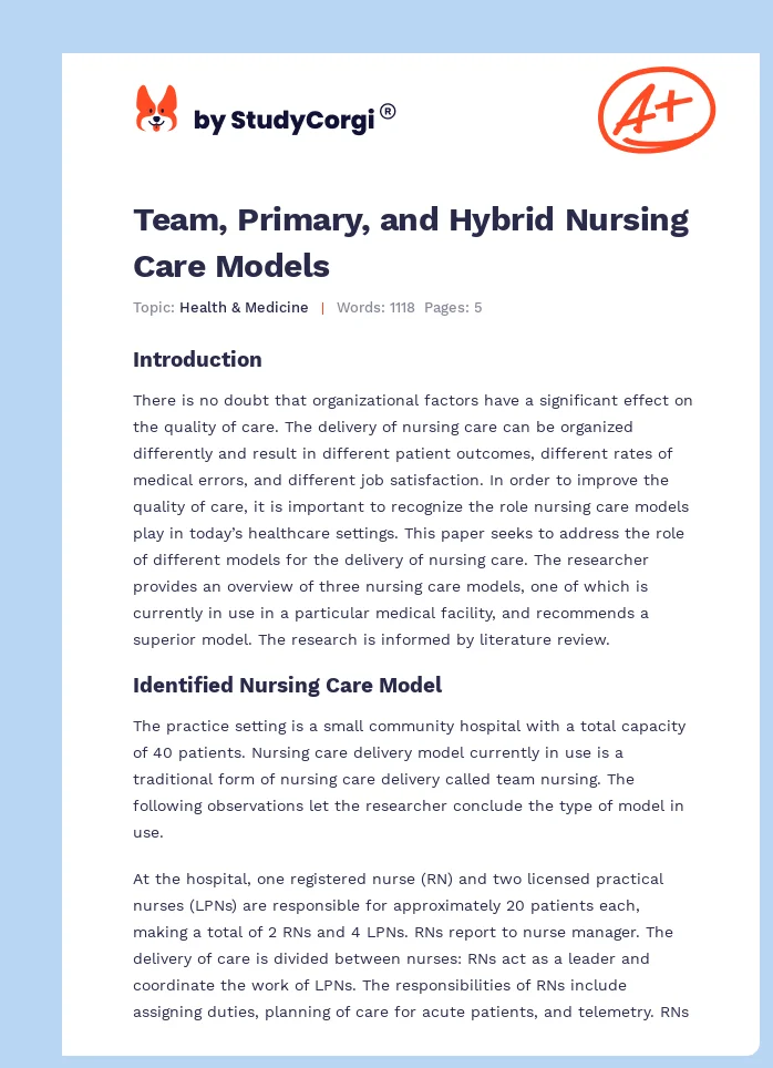 Team, Primary, and Hybrid Nursing Care Models. Page 1
