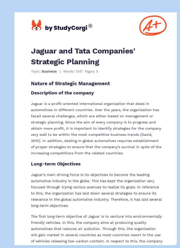 Jaguar and Tata Companies' Strategic Planning. Page 1