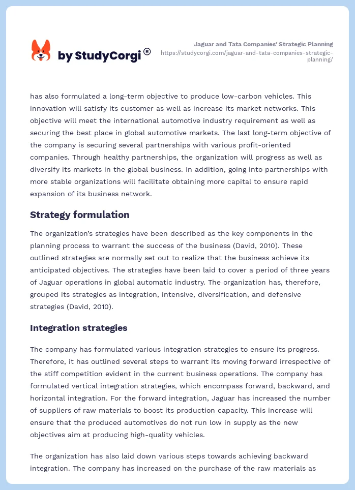 Jaguar and Tata Companies' Strategic Planning. Page 2