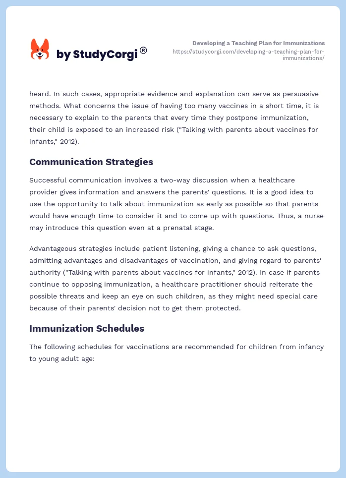 Developing a Teaching Plan for Immunizations. Page 2