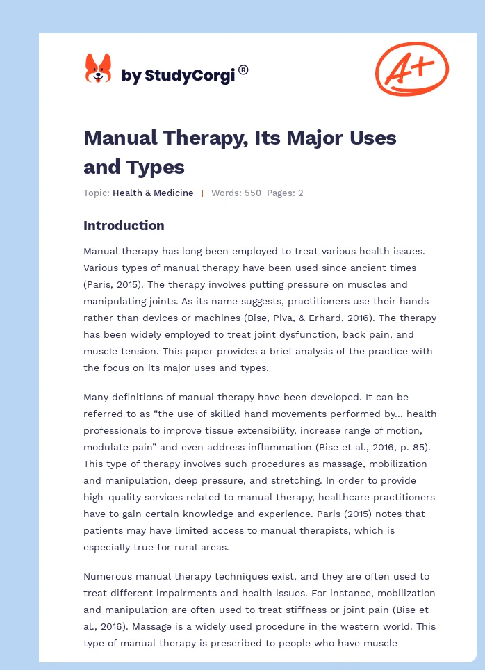Manual Therapy, Its Major Uses and Types. Page 1