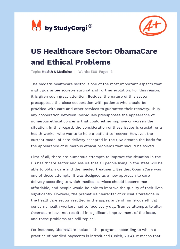 US Healthcare Sector: ObamaCare and Ethical Problems. Page 1