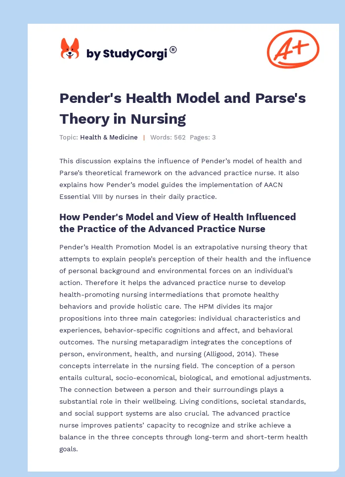 Pender's Health Model and Parse's Theory in Nursing. Page 1